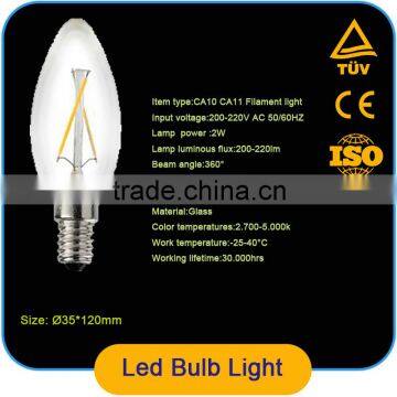 CA10 LED Filament Candle Bulb 2W LED Candelabra Bulb Lamp with 360 Degree Beam Angle CRI>80Ra 115lm/W