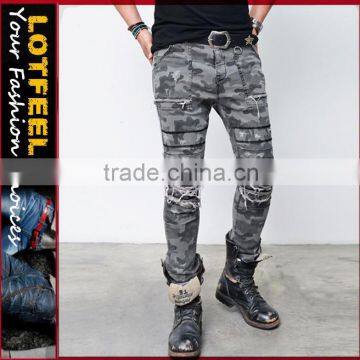 seaming camouflage denim slim stright biker jeans for men pants(lotbike063)