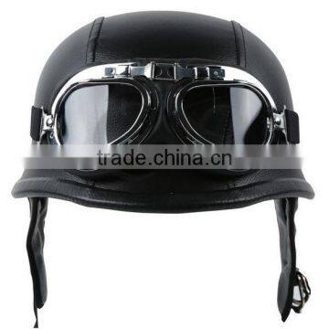 Motorcycle Biker WWII Style DOT Black Leather German Motorcycle HALF Helmet w/Pilot Goggles