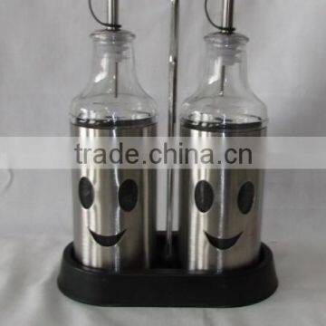 2 pieces mat shinning stainless steel coated Small customized glass bottle for oil or vinegar with Plastic Stand