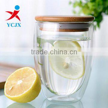 350ML Clear Double Wall Glass Tea Cup with Bamboo Lid