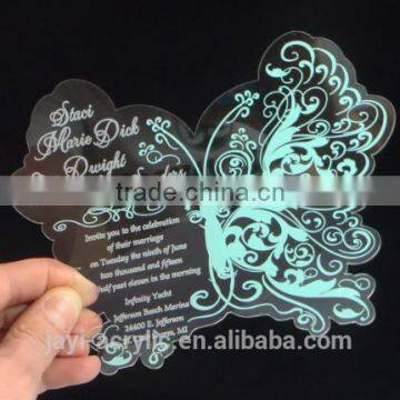 2016 Elegant New Style Clear Luxury Acrylic Laser Cut Wedding Invitation Card, Butterfly Wedding Invitation Card