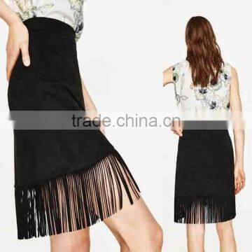 Wholesale Custom Manufacturer Faux Suede Skirt with Fringe Midi Skirts with Tassel Details High Quality