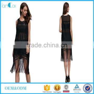 Summer Beach Wear Crochet Dress Sexy Women Casual Lace Flower Tassel Fringed Sleeveless Slim Dresses