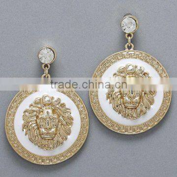 gold tone lion head earring, enamal lion head earrings, Inspired runway lion head dangle earring