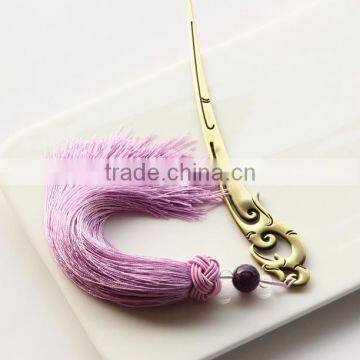 Gold plated long metal bookmark with pink tassel high quality metal tassel bookmark tags for souvenir 2016