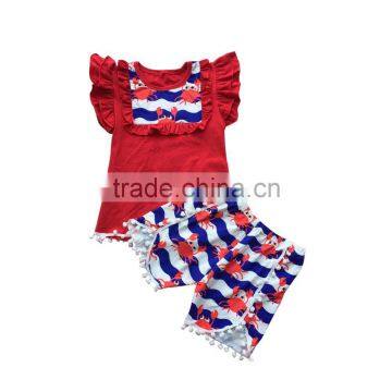 Popular style wholesale flutter sleeves tops with bib match pom pom shorts clothing sets