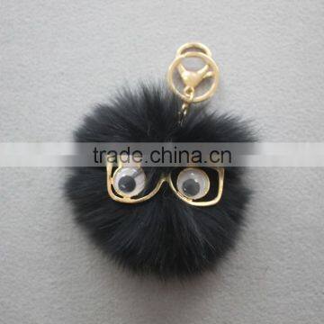 Myfur Cute Metal Glasses Decorative Real Fox Fur Pom Poms Keychain For Bag Charm