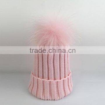 Myfur Baby Pink Removable Real Dyed Raccoon Fur Pom Poms Crochet Hat