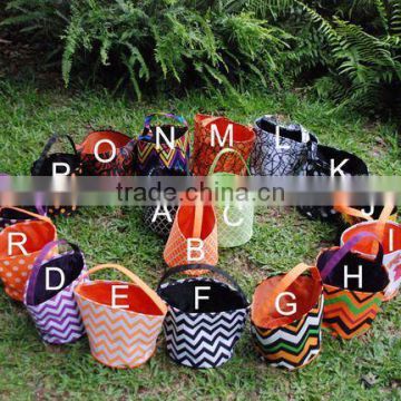 cloth halloween buckets Chevron halloween treat bags Personalized Monogrammed Chevron Round Tote Bucket halloween bags