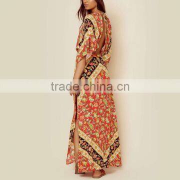 Bat Sleeve Printed Ethnic Clothing Women Kaftan Open Back Design Maxi Dress photo-6