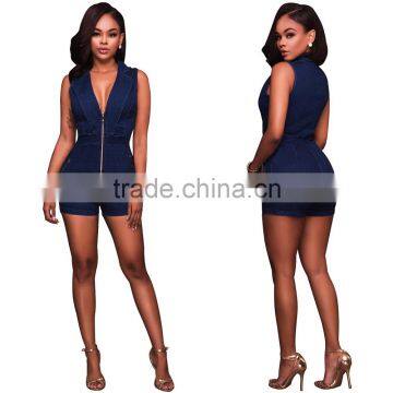 Guangzhou Supplier wholesale Fashion romper summer sexy denim jumpsuit women with zipper