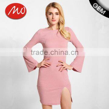 Alibaba hot selling 100 cotton pink skin tight knitted vent hem sweater dress with wide sleeves