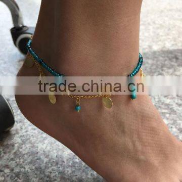 Double Layered Turqoise Beaded Anklet Round Sequined Tassel Charm Foot Chain