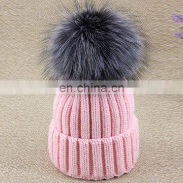 Striped pattern ladies knitted acrylic hats with big silver fox fur pompom