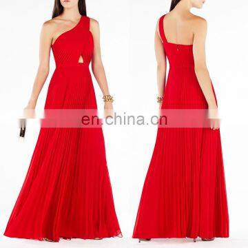 Sleeveless one-shoulder red chiffon long evening dress