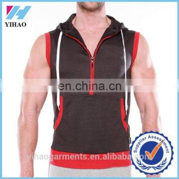 Yihao New Design Custom Mens Half Zipper Pullover Sleeveless Hoodie Stringer with Hood Hoodies