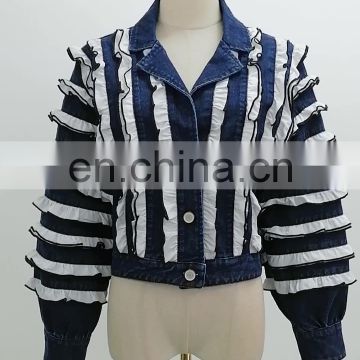 TWOTWINSTYLE Lapel Collar Lantern Long Sleeve Hit Color Patchwork Ruffles Women Denim Jacket