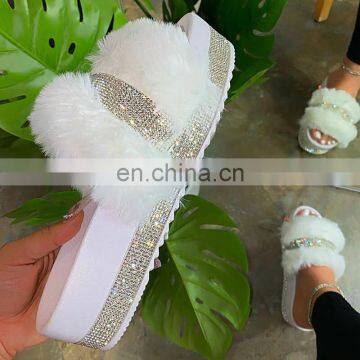 2020 New Thick Bottom Slippers Women's Faux Fur Diamond Slippers Flat Outdoor Platform Shoes Women's Sandals photo-7