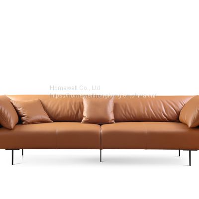 Contemporary luxurious 3 seater sofa LS1610 genuine leather upholstered sofa with slim metal legs