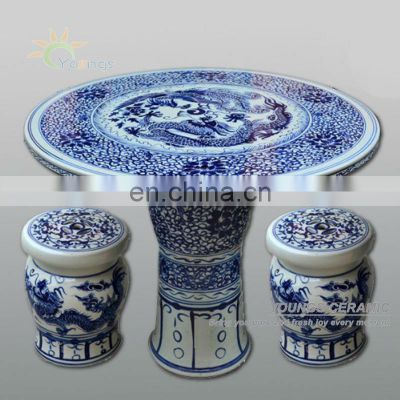 Chinese antique blue and white ceramic porcelain garden table and stool with dragon design