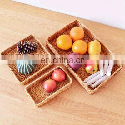 Set Of 3 Rectangle Rattan Serving Tray Woven Coffee Tray, Wicker Fruit Tray Wholesale Handwoven