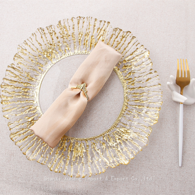 Sun Flower Designed Transparent Clear Glass Charger Plate With Gold Rimmed Decoration