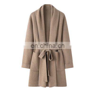 2024 New Arrival High Quality 100% Knitted Cashmere Cardigan Coat Long Winter Season Waistband Solid Pattern Front Logo Pocket