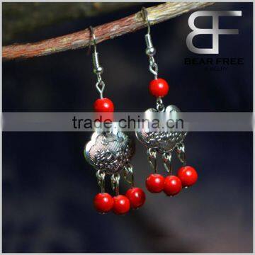 Vintage Brass Silver Color Longevity lock Shaped Red Stone Beads Drop Earrings Dangling Earrings for Women girls