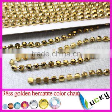 SS38 8mm raw brass rhinestone cup chain link with metallic gold crystal stones