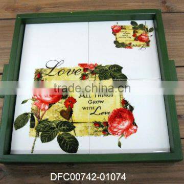 new rose love decal design serving dish platter with wooden frame