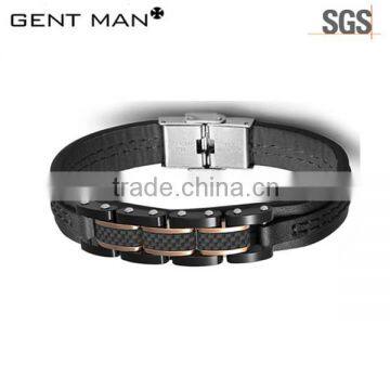 Real Leather Rose Gold Carbon Fiber Setting Men Magnetic Clasp Bracelet