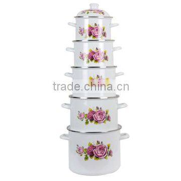 Best Quality Pink Floral Print Healthy White Enamel Cookware Set Kitchenware Two Side Elegant Flower Decal Enamel Pot 5 Pcs Set