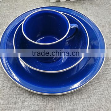 Enamel dinnerware blue speckled enamel mug bowl and plate,outdoor camping enamel set accept printing logo