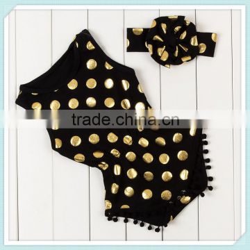 Pretty pom pom trimmed play suit romper black gold polka dot baby romper gold polka dots princess bubble romper for birthday