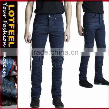 blue distress biker denim jeans destoryed bike man jeans (LOTNEW004)