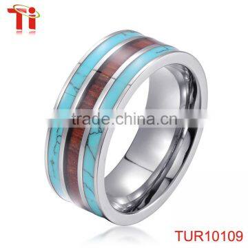 Fashion tunsgten wedding bands rings inlay turquoise and wood