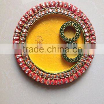 Rajasthani Beautiful Round shape kundan wooden stone studded pooja thali with roli chaval case