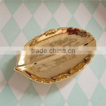 Table Top Decorative Small Ceremic Golden Leaf Tray photo-2