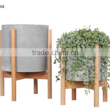 walnut / beech wood stand with smooth matte pot concrete planter pot