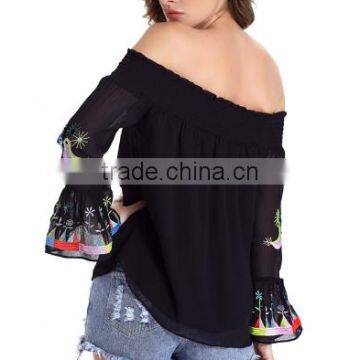 2016 New Fashion Slash Neck Shirts Women Long Sleeve Chiffon Blouses Strapless Embroidered Print Blusa Feminina photo-2