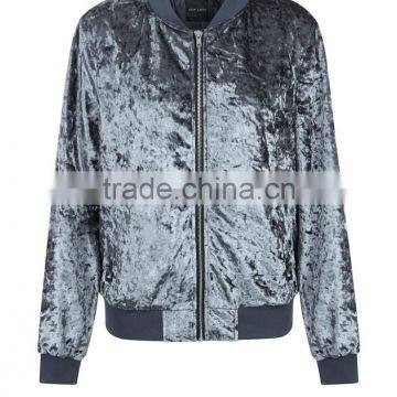Women Fitness Shiny Velvet Bomber Jacket Ribbed Trim Zip Up Coat With Pocket Sides Outwear photo-5