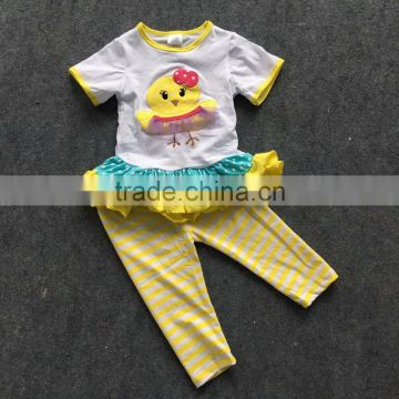 2016 new Spring arrival 2-8t Easter design baby girls short sleeves yellow/white stripes pant kids fashion outfits