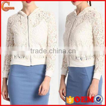 High quality zip up white lace hoodie for women wholesale