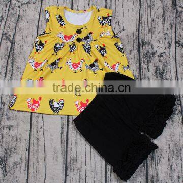 New arrival wholesale cheap flutter sleeve cute chicken print boutique outfit yellow icing shorts 2pcs clothing set kids clothes