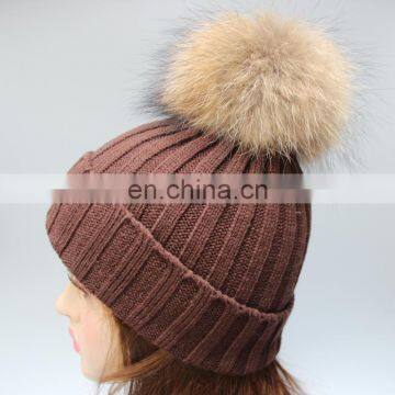 Wholesale Latest UK Style Acrylic Crochet Hat With Raccoon Fur Poms Knit Hat photo-3
