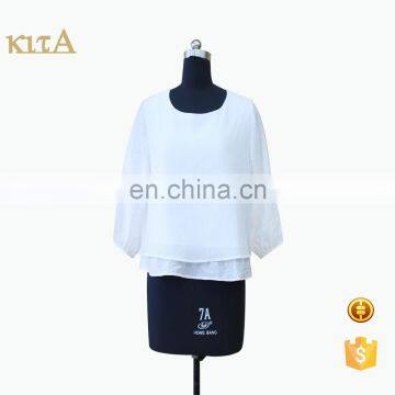 Women Hot Sale Flounce Hem White 3/4 Sleeve Double Layer Blouse