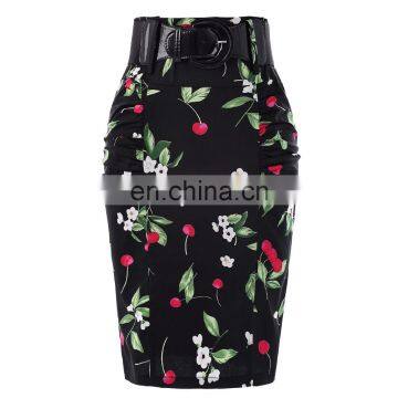 Kate Kasin Women's Shirred Detail Flower Pattern Cotton Pencil Skirt with Wide Belt KK000610-1