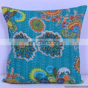 Indian Green Floral Kantha Cushion Cover Cotton Handmade Hand Stitched Kantha Cushion Cover Throw Pillow Case Cotton Ethnic