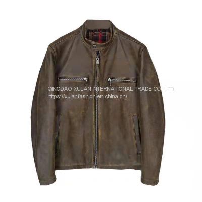 2021NEW FASHION WASHED MEN'S GENUINE COWSKIN  LEATHER JACKET FACTORY HOT SALE